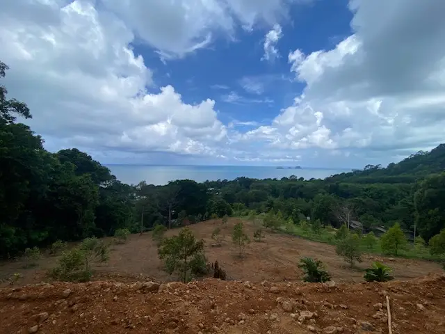 Panoramic sea view land for sale on Koh Chang with mountain elevation, surrounded by lush nature and ideal for luxury villa or resort development.