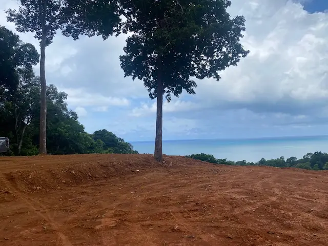 Panoramic sea view land for sale on Koh Chang with mountain elevation, surrounded by lush nature and ideal for luxury villa or resort development.